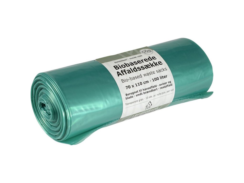 Biobasererede sække, 100 l, transparent grøn, LDPE/sukkerrør, 70x110cm, 10x10pcs/ctn